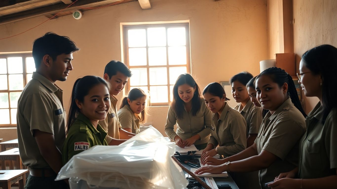Hostel staff working together in a bright, welcoming environment.