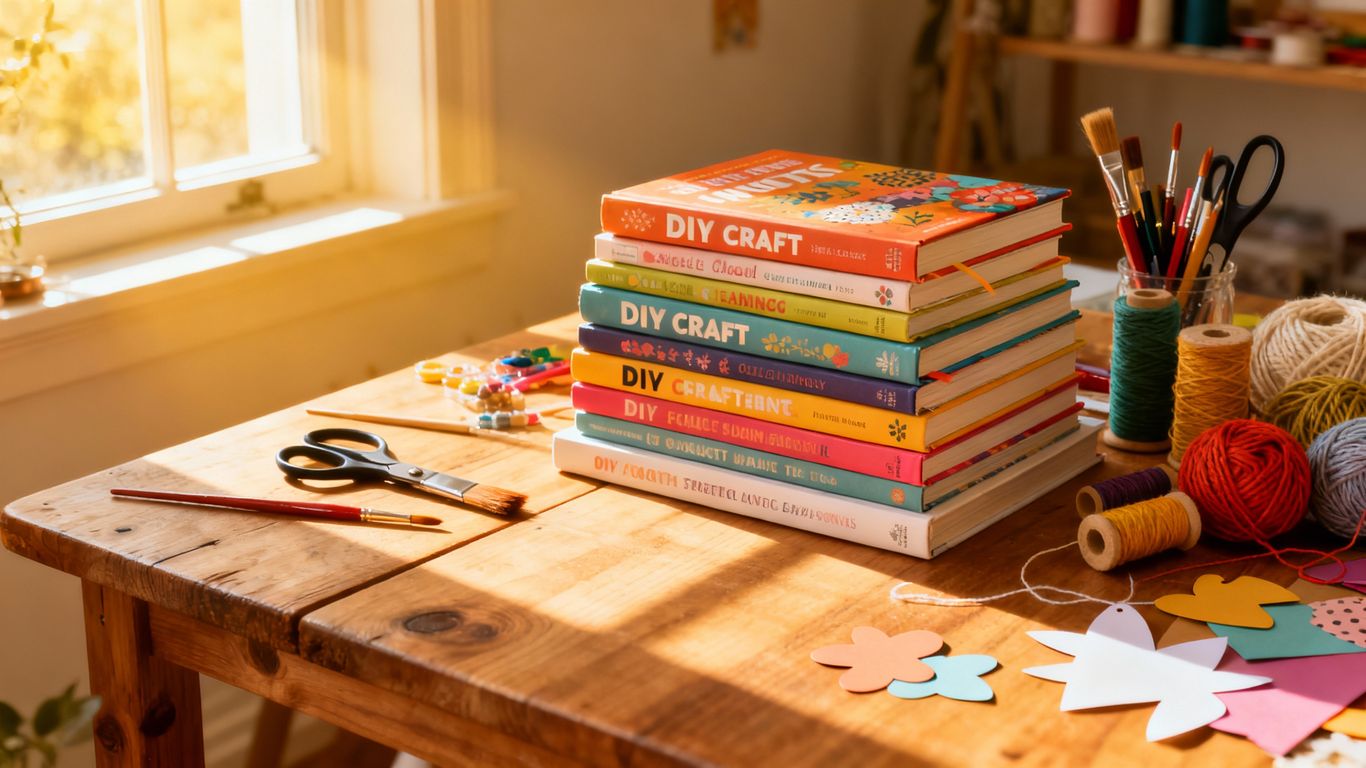 Craft books and supplies on a wooden table