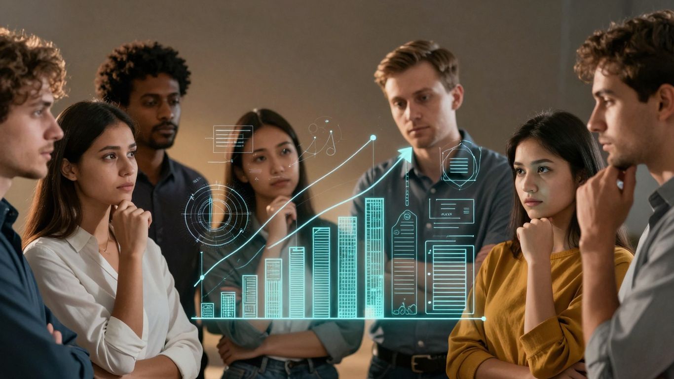 People analyzing abstract data visualization.