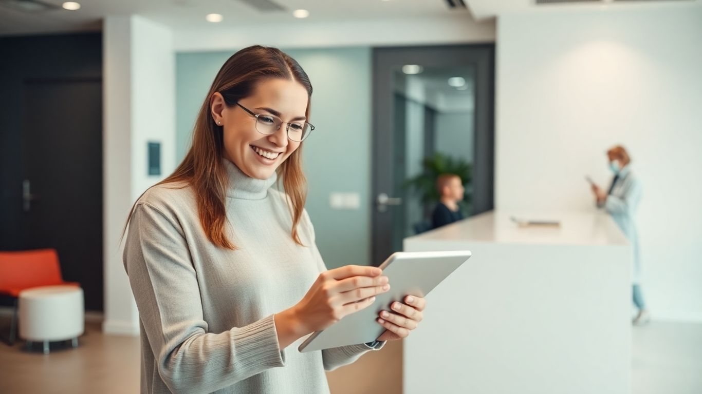 Patient interacting with technology in a clinic.