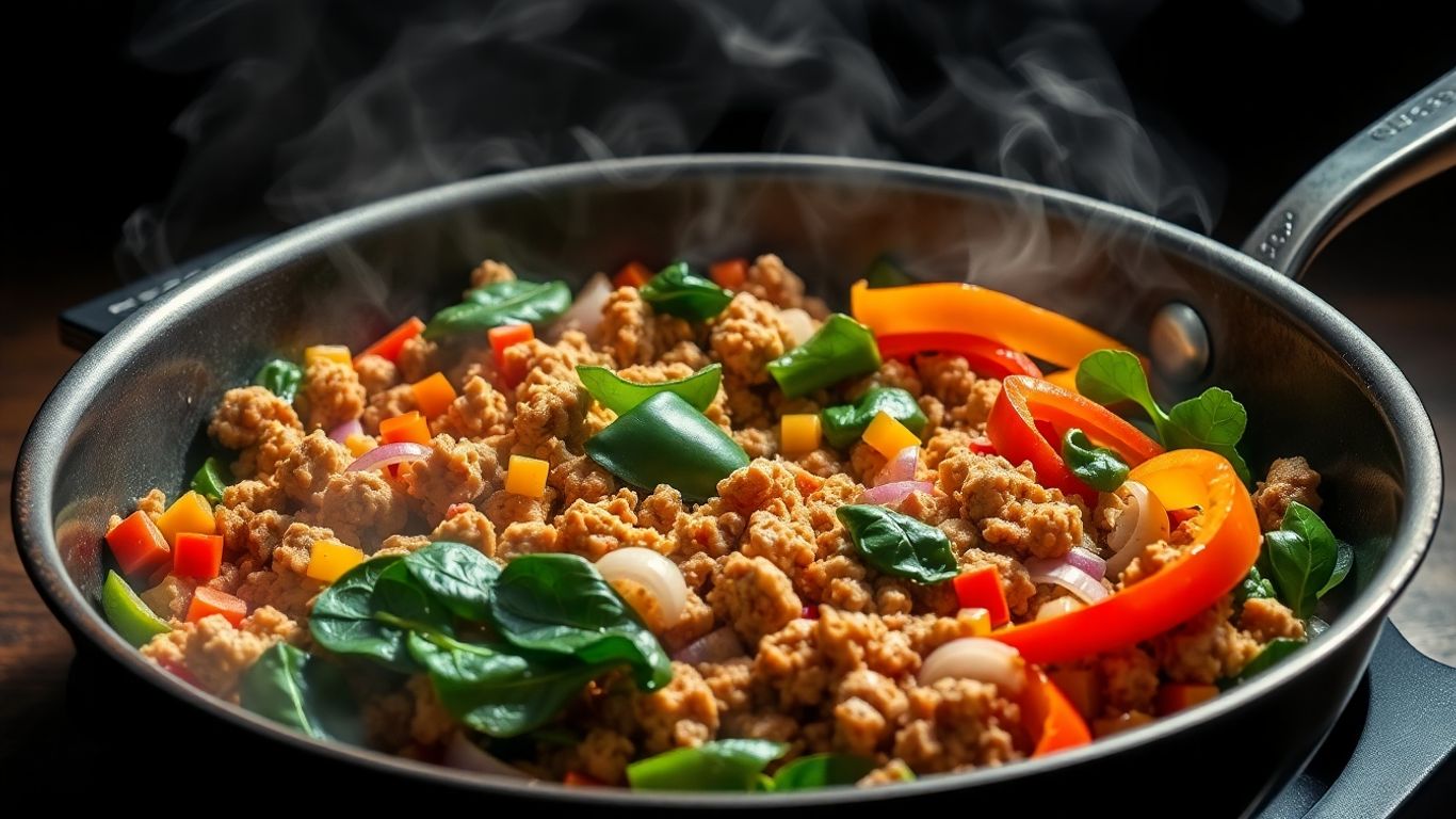 Ground turkey skillet with vegetables, low carb meal.