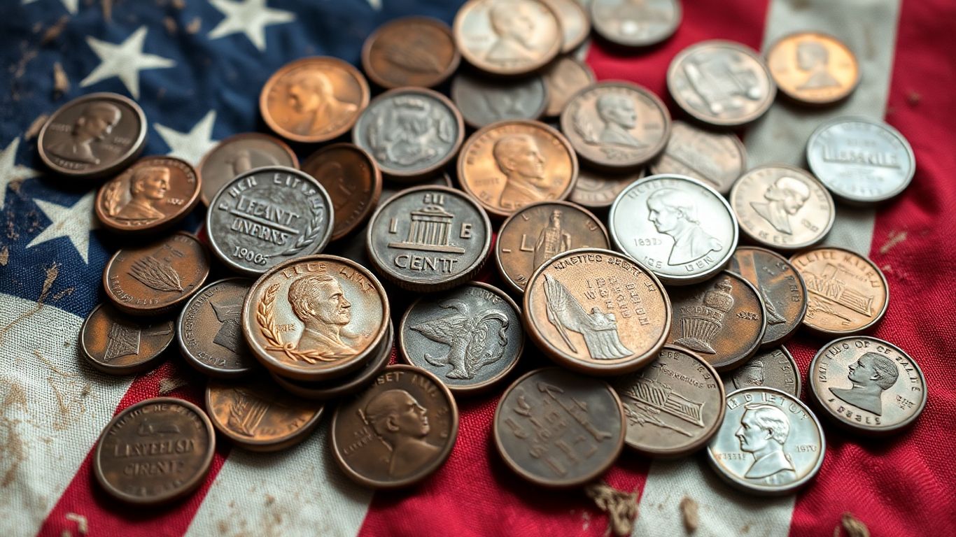 Wheat and steel pennies on an old American flag