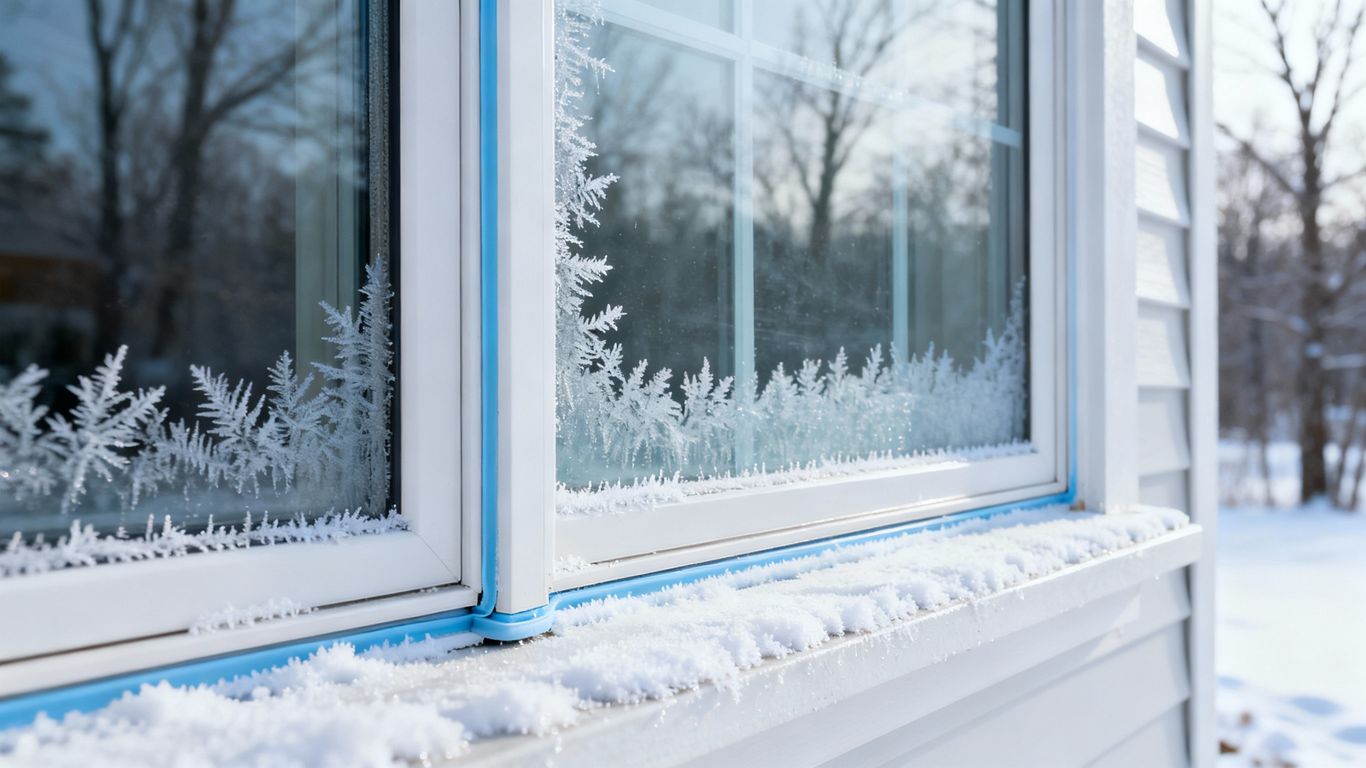 Newly installed window with frost and snow in winter.