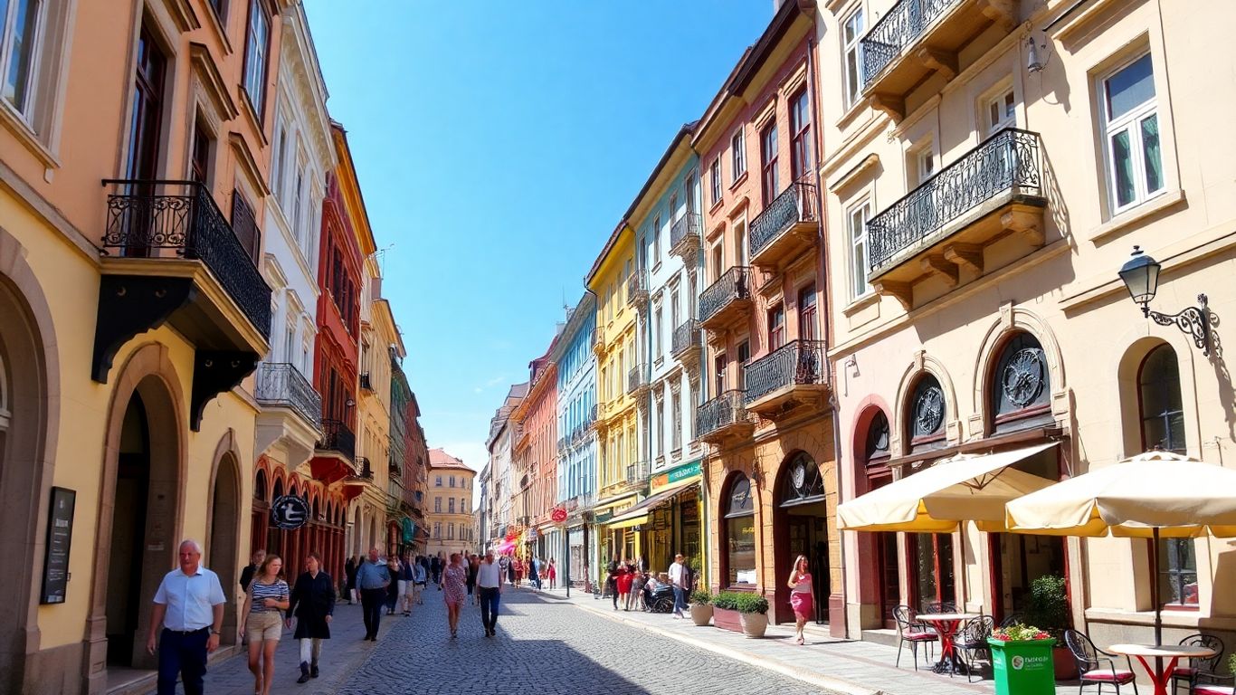Străzi vechi din București cu clădiri colorate și oameni.