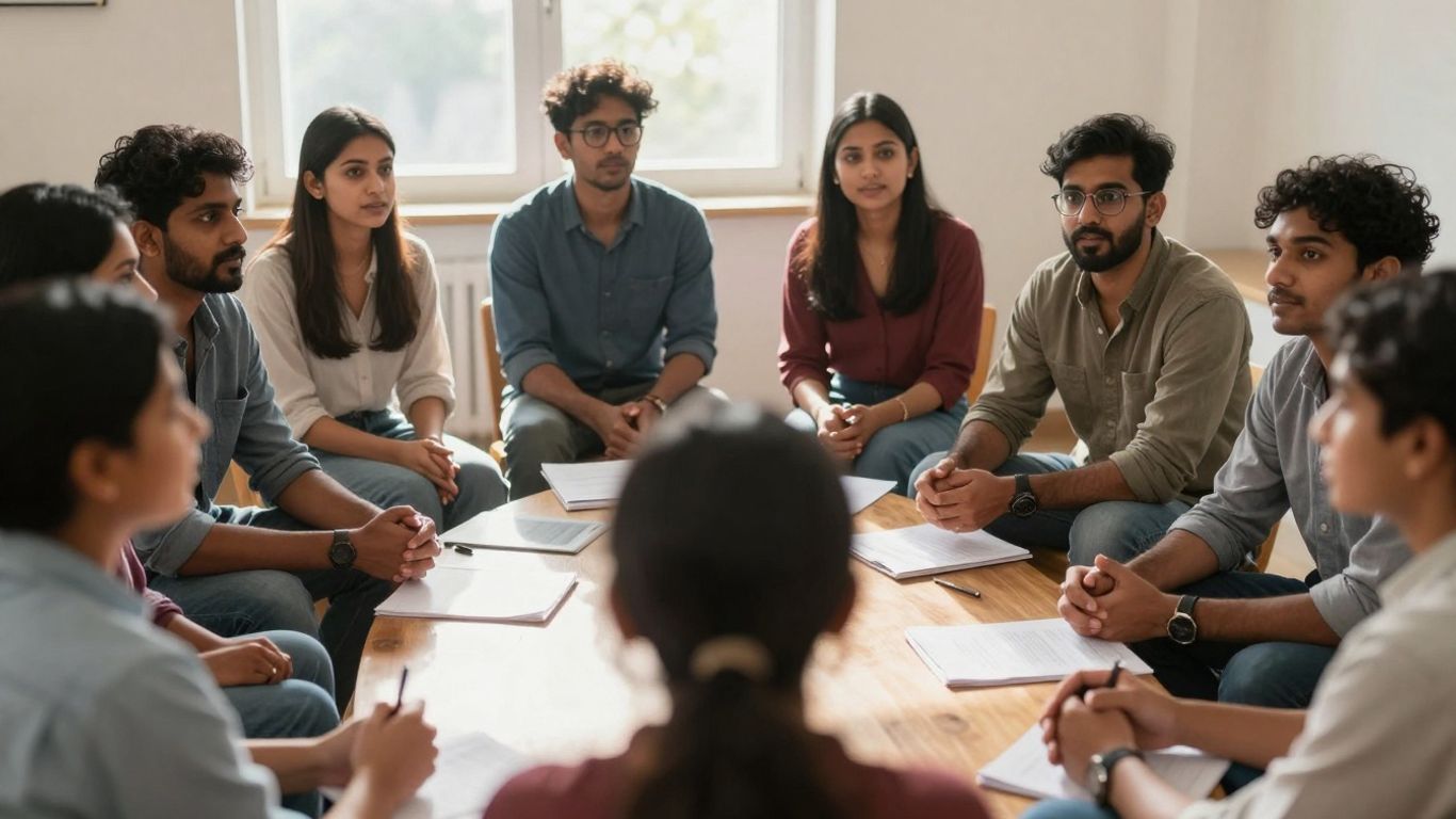 Oameni discutând activ despre politici publice și cetățenie.