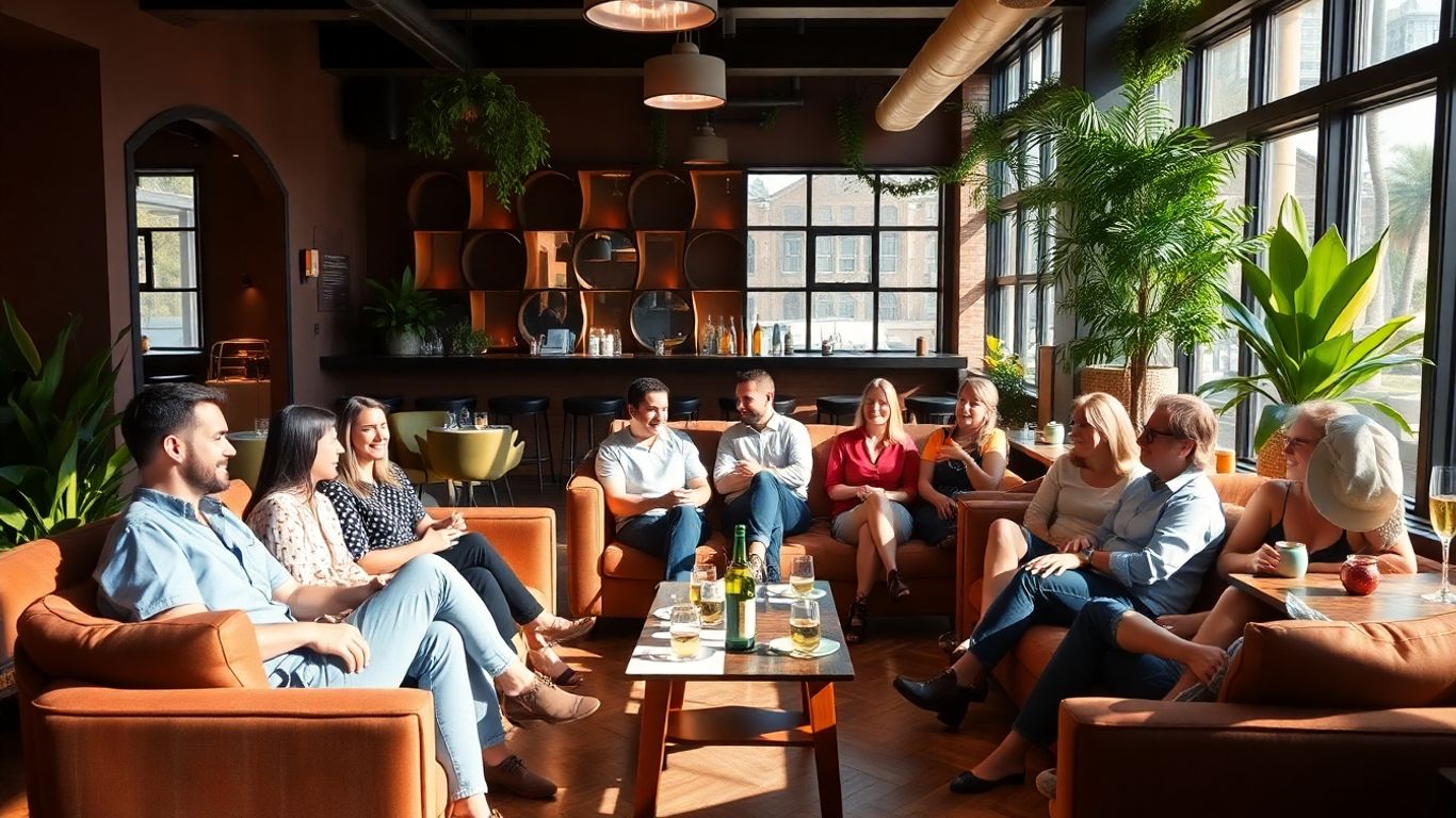 Members enjoying conversation in a stylish club lounge