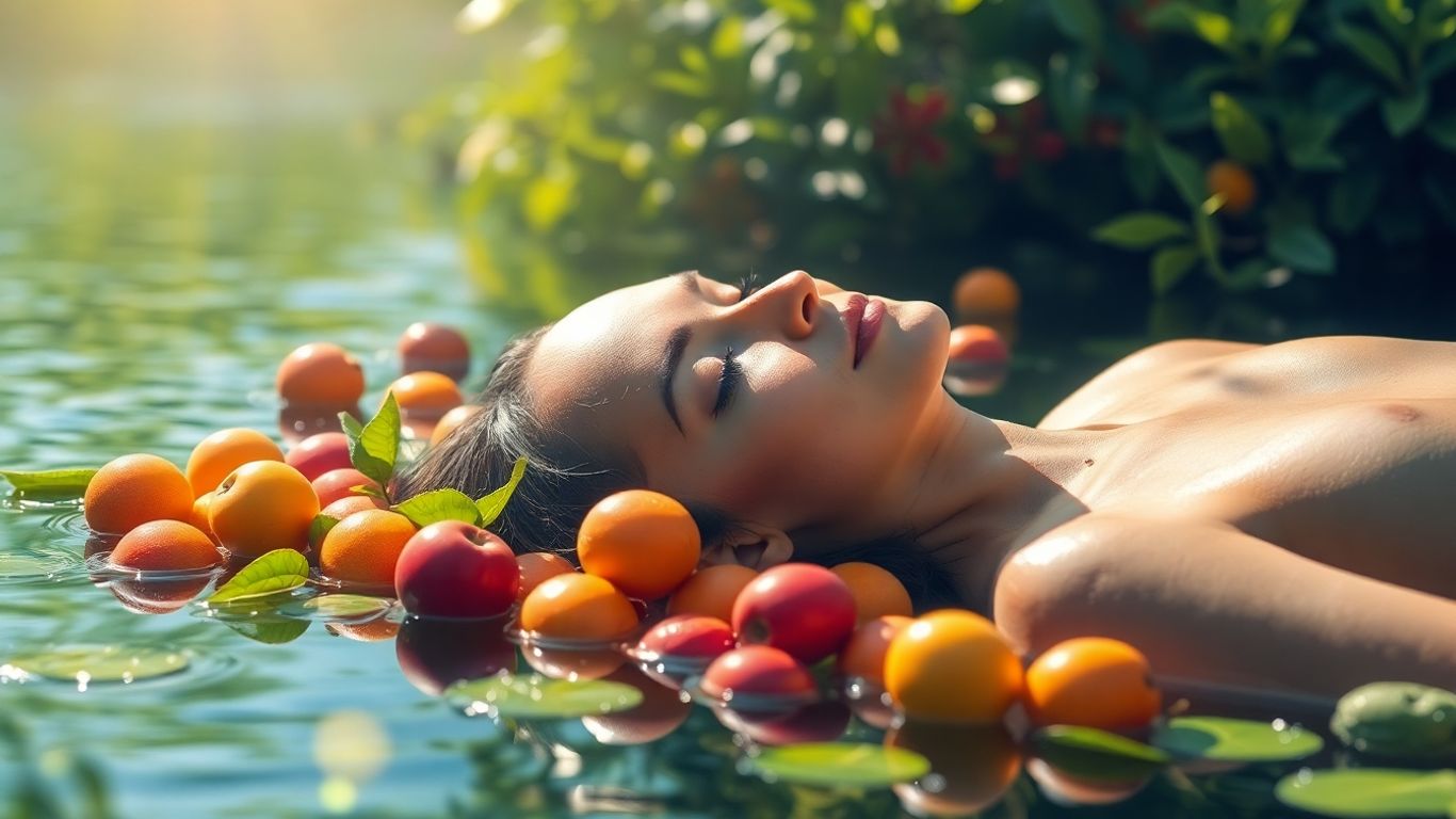 Person relaxing with healthy fruits and water.