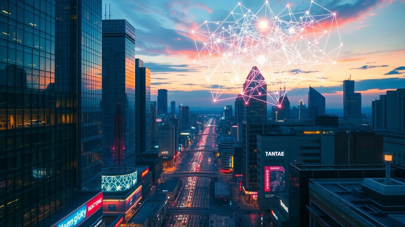 Futuristic cityscape with digital streams and holographic projections.