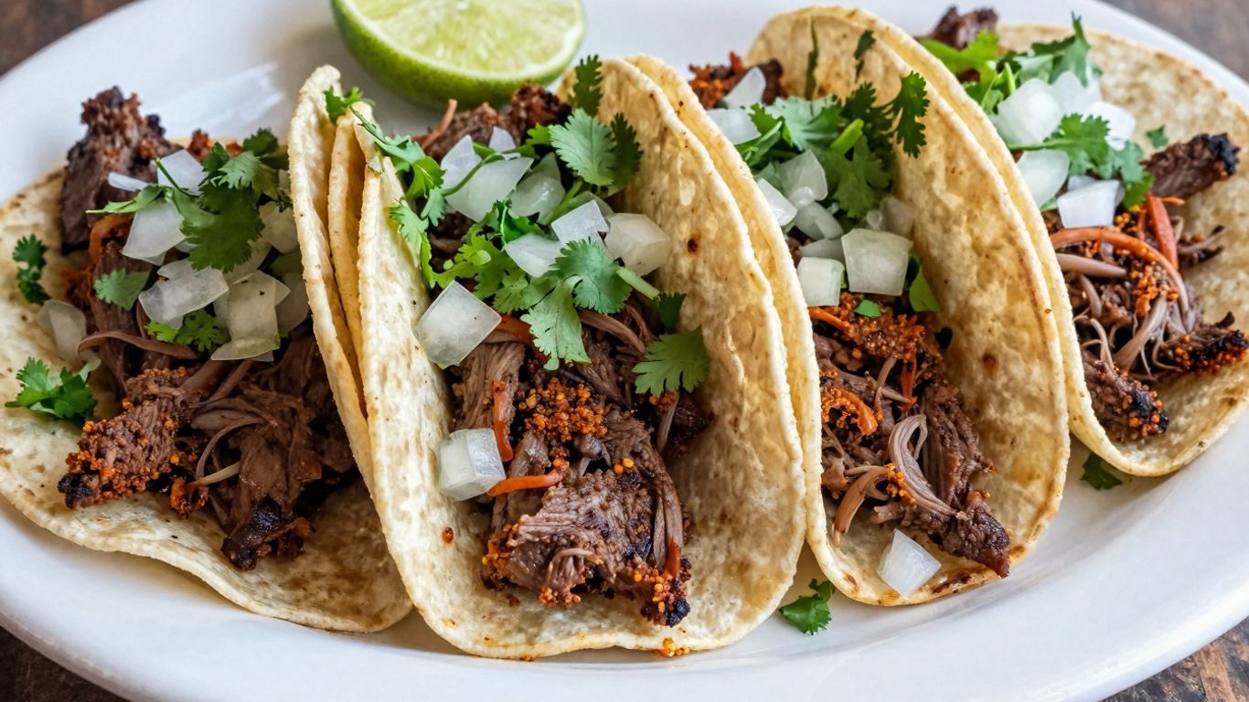 Authentic tacos with seasoned meat and fresh garnishes.