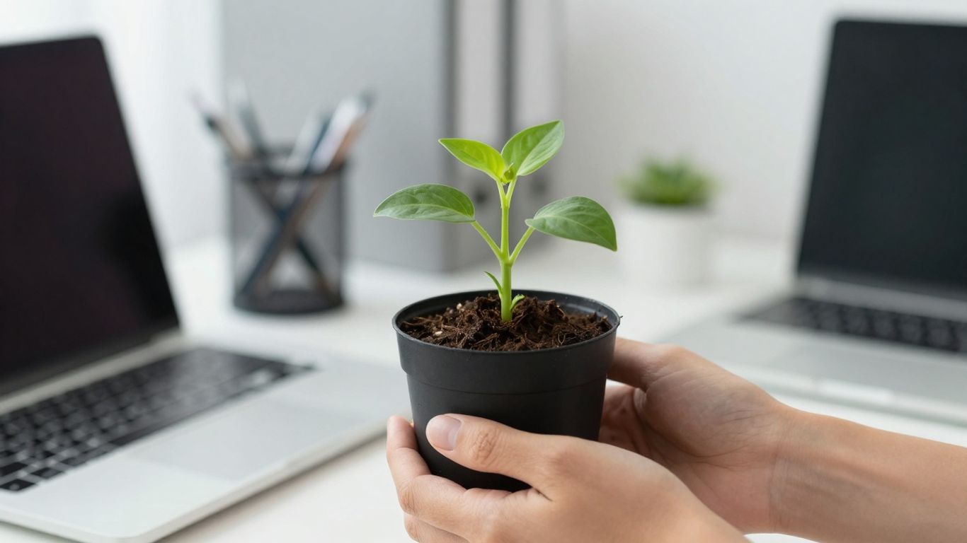Hands holding a small plant, office background.