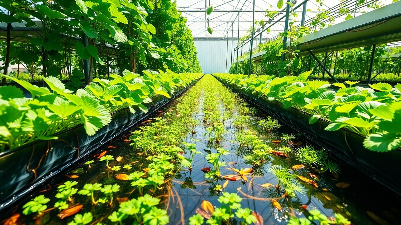 Hydroponic garden with healthy plants and visible roots.