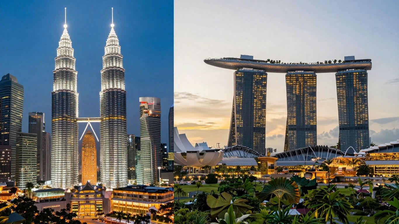 Kuala Lumpur and Singapore skylines side-by-side.