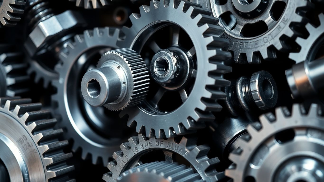 Close-up of interlocking gears and shafts in a gearbox.