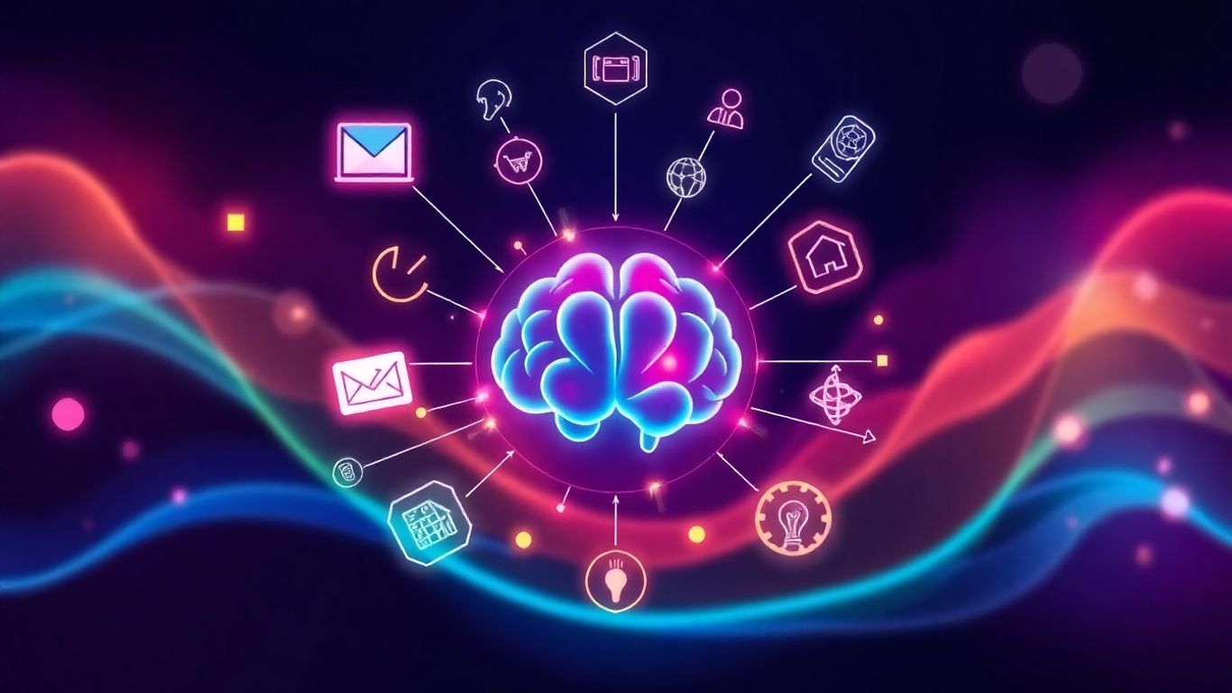 AI marketing tools infographic with futuristic elements.