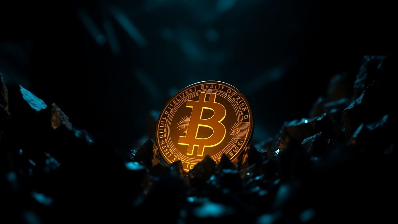 Golden cryptocurrency coin emerging from digital landscape.