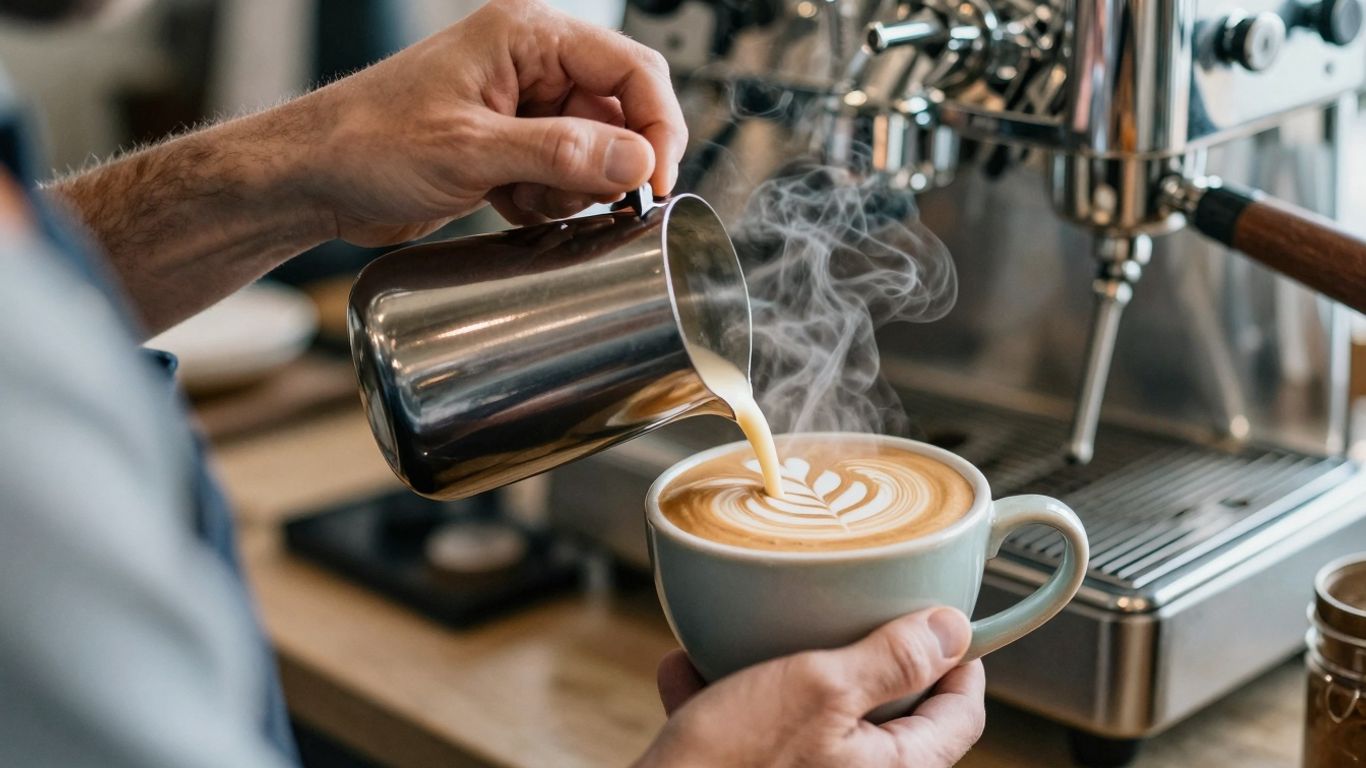 Barista pouring latte art in a coffee shop.