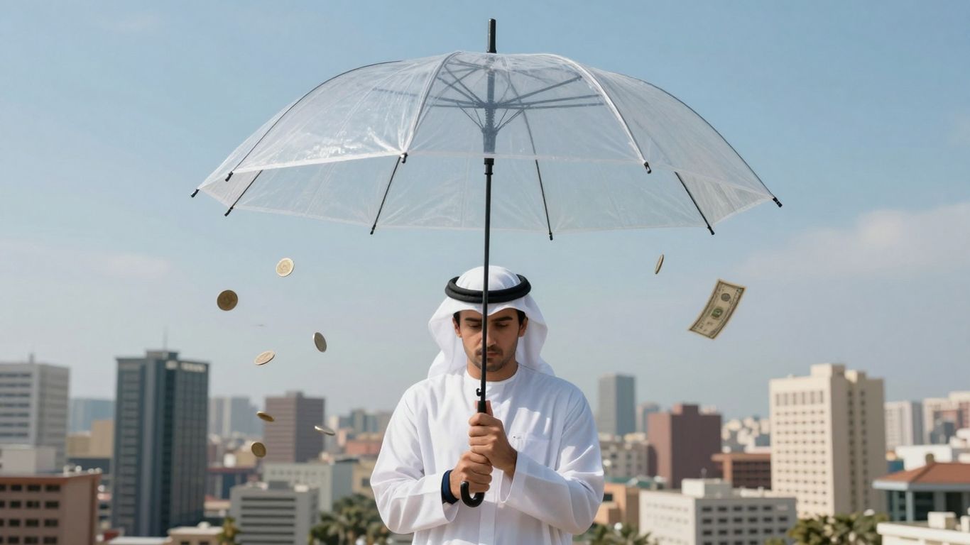 Umbrella protecting city from falling money