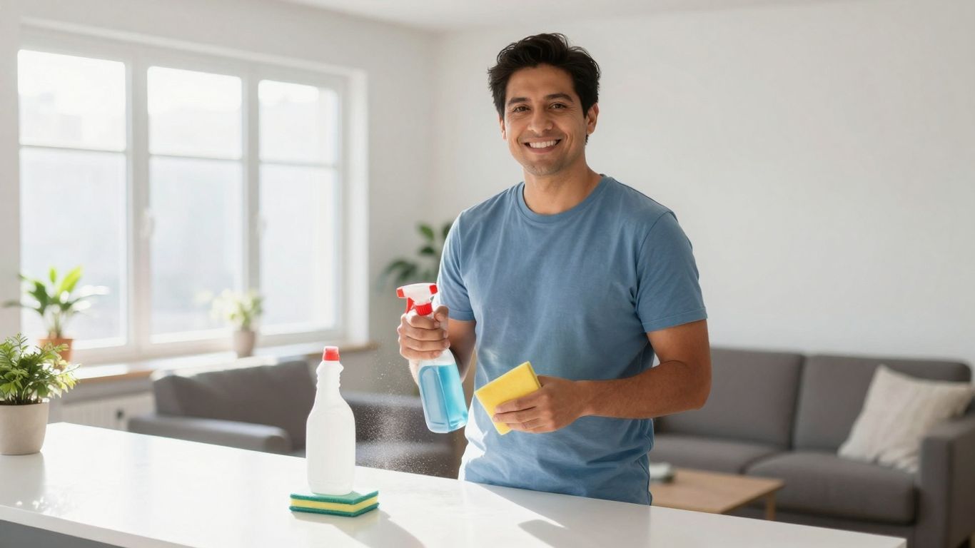 Persona hispana sonriendo con equipo de limpieza en casa limpia.