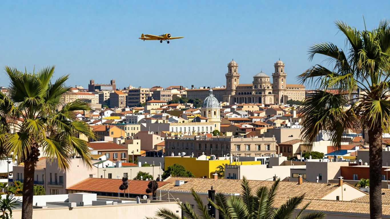 Affordable European cityscape with airplane flying overhead.