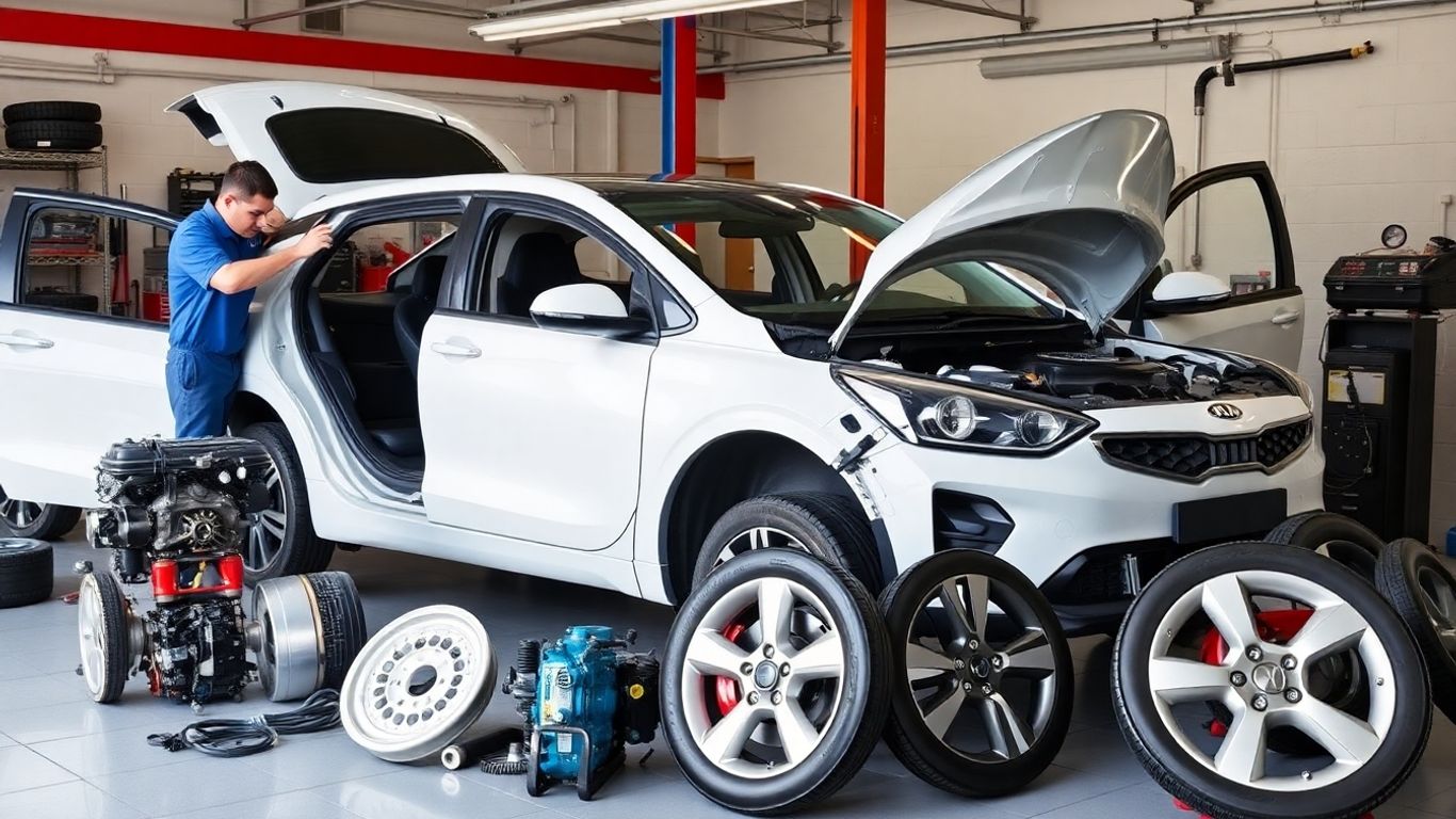 Kia car parts being salvaged by mechanics.