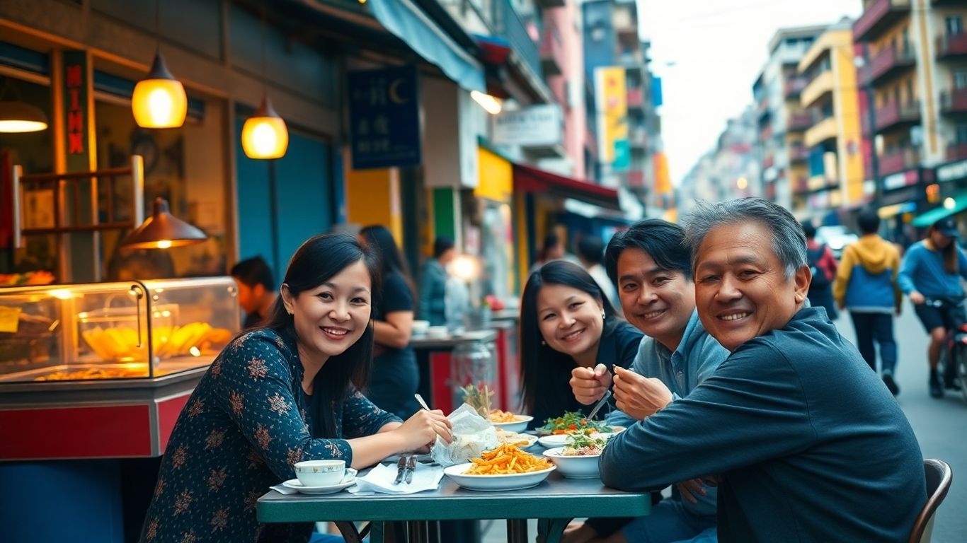 Family enjoying a meal on a busy Hanoi street.