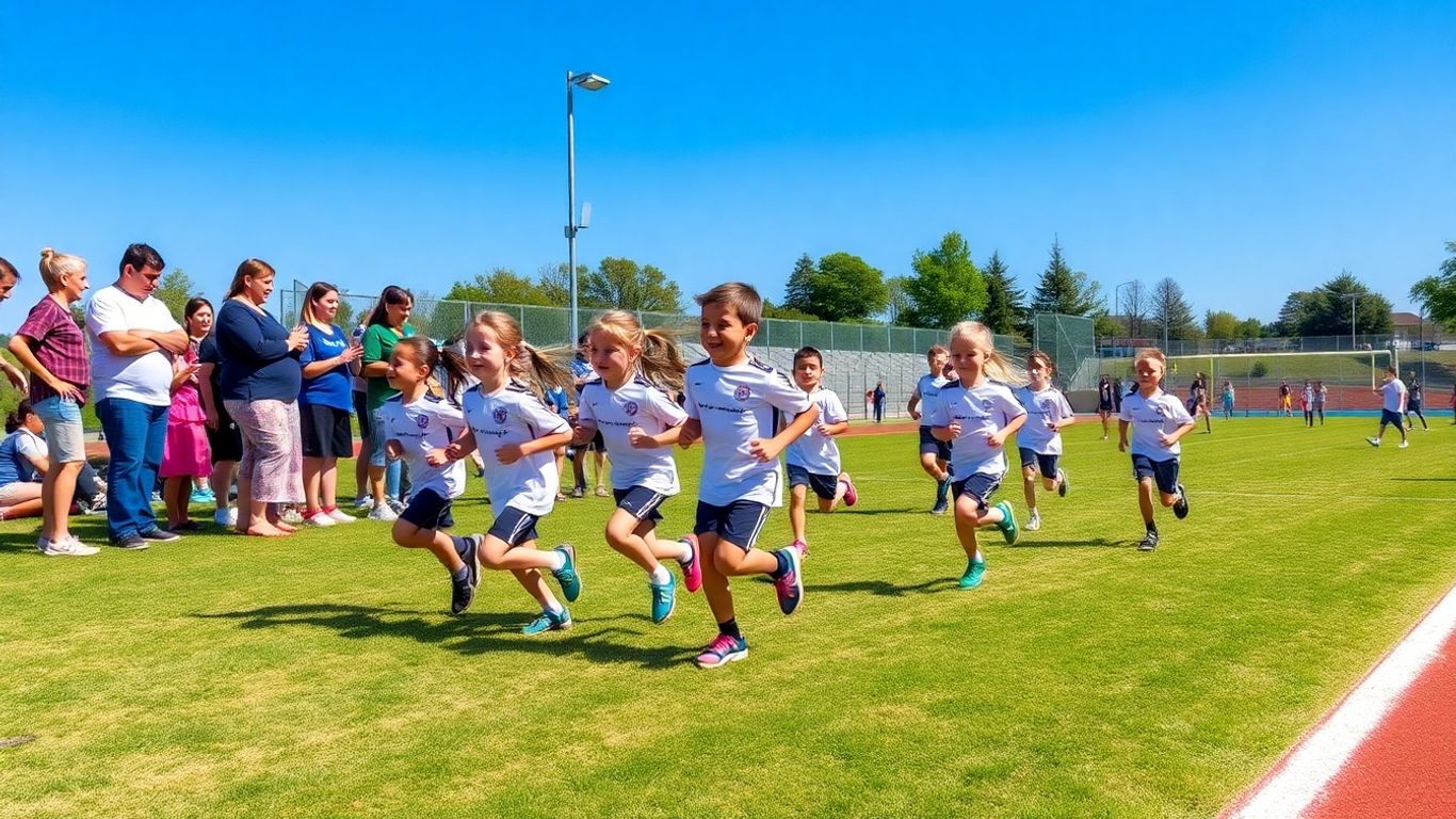 Children running at athletics event with supportive families nearby.