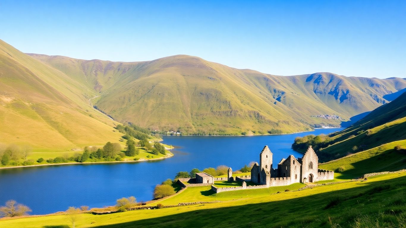 Ruiny klasztorne nad jeziorem w dolinie Glendalough