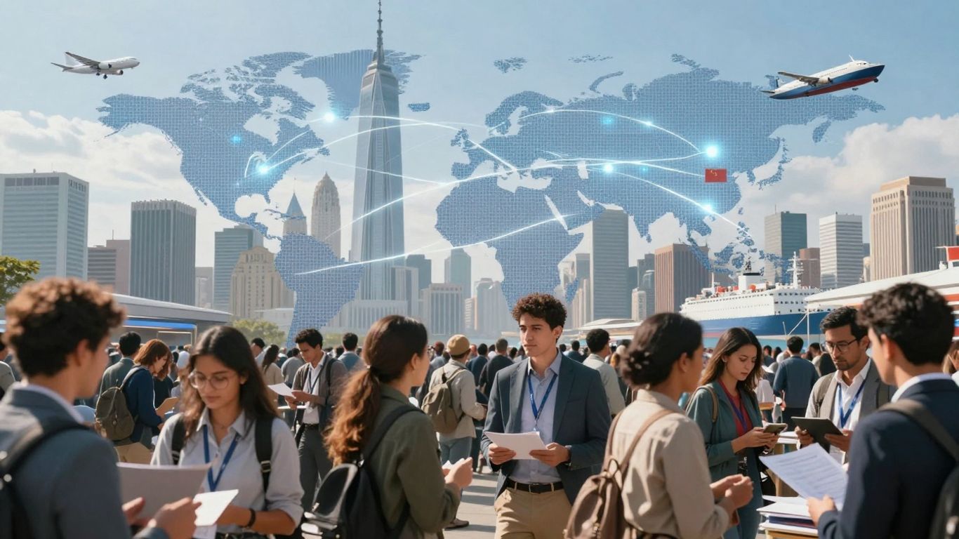 Oameni și clădiri conectate global, comerț internațional.