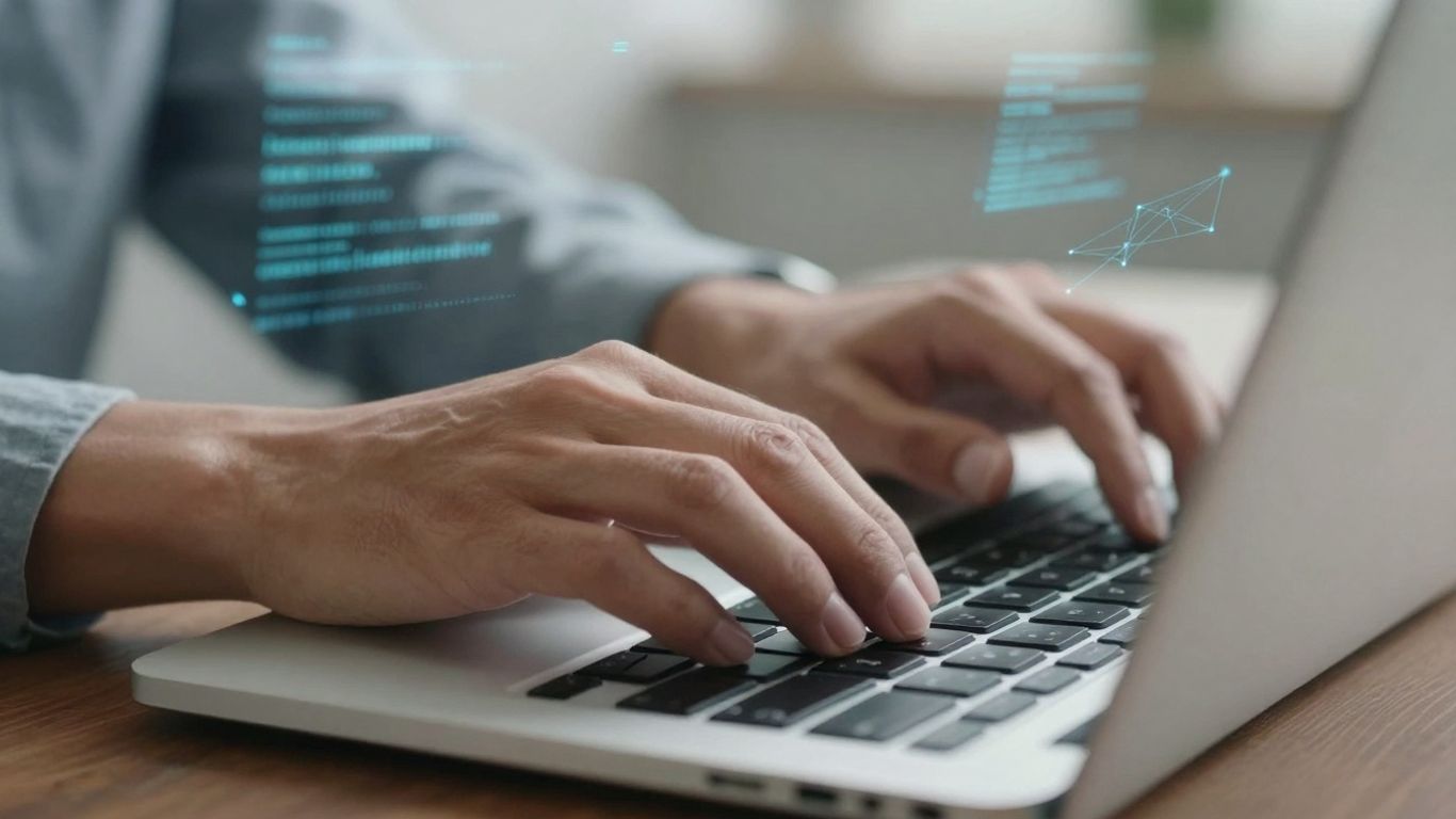 Hands typing on a laptop keyboard, cyber security theme.