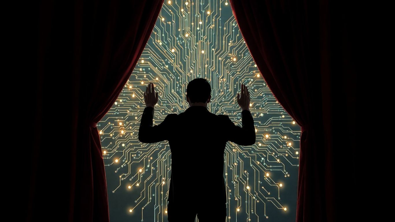 AI curtain pulled back revealing glowing circuits.