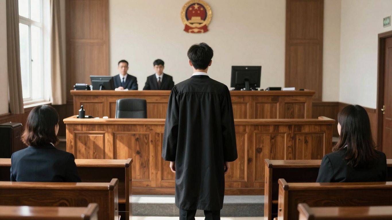 Courtroom during a criminal trial with judge and defendant.