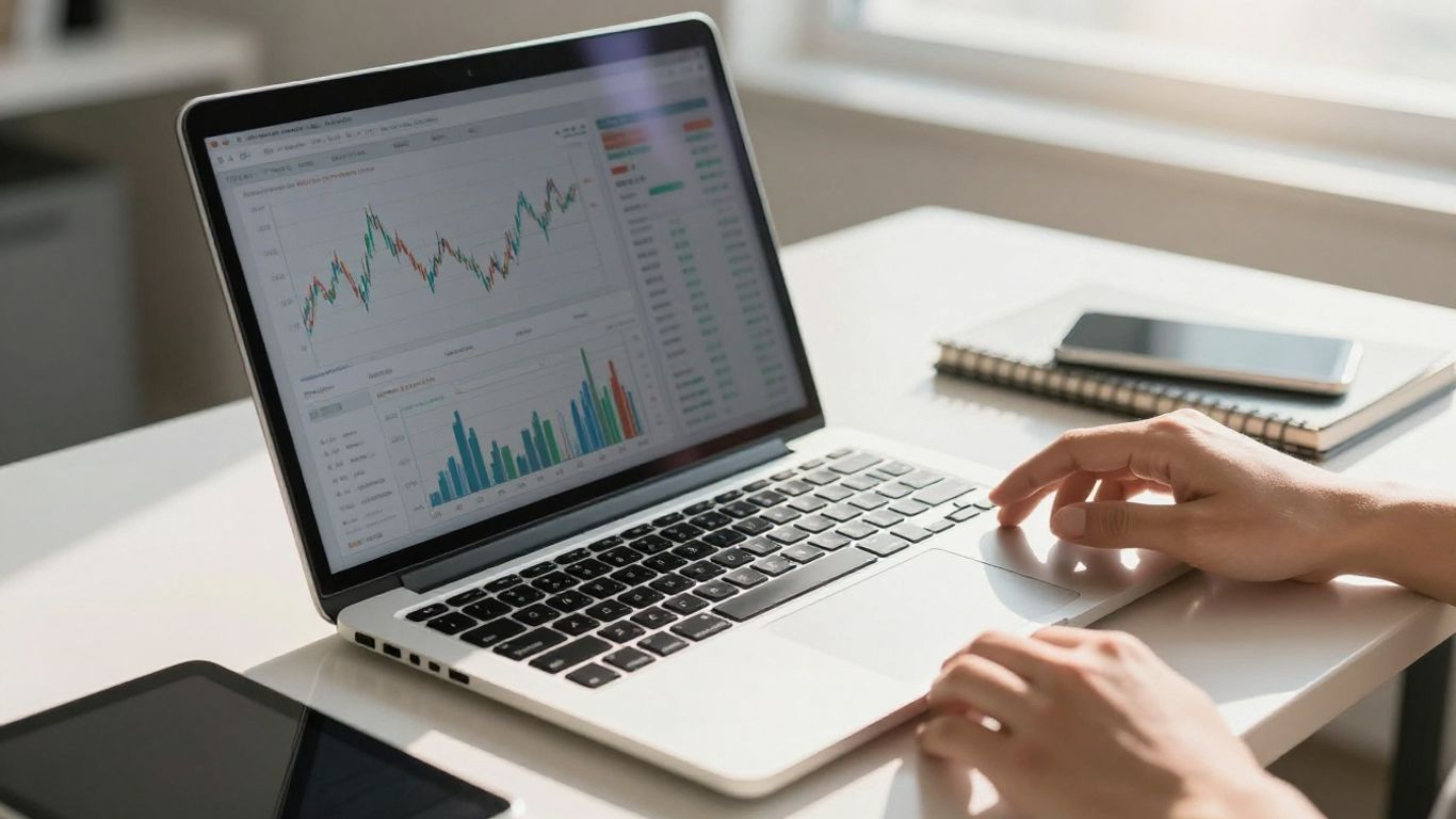 Investor using a laptop and tablet for financial management.