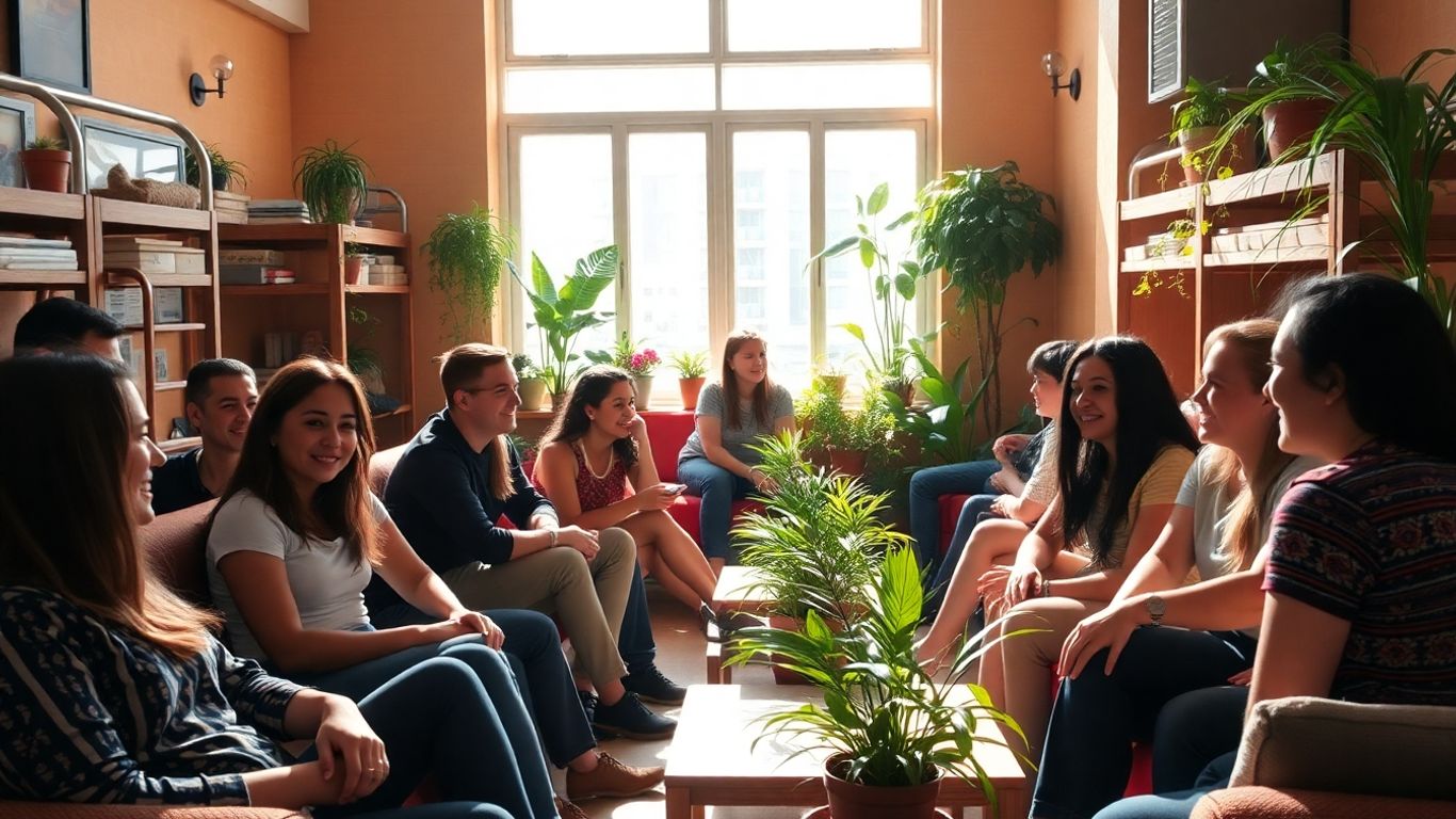 Welcoming hostel common area with happy travellers.