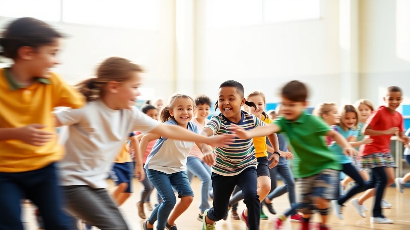 Kinder spielen Kettenfangen im Sportunterricht
