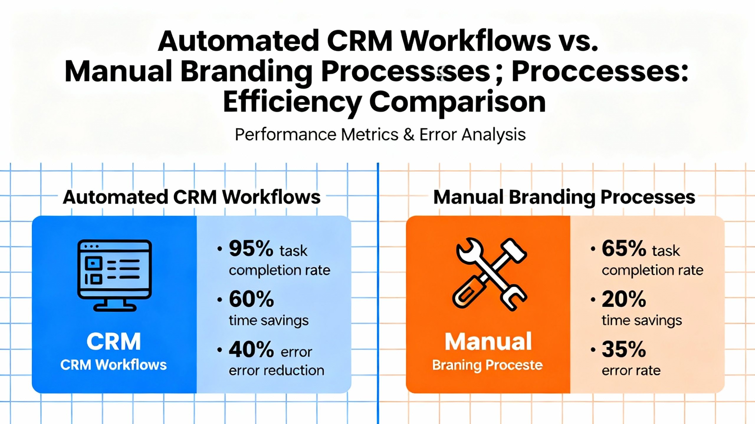 Gráfico comparativo ilustrando a eficiência dos fluxos de trabalho automatizados baseados em CRM versus processos de branding manuais propensos a erros