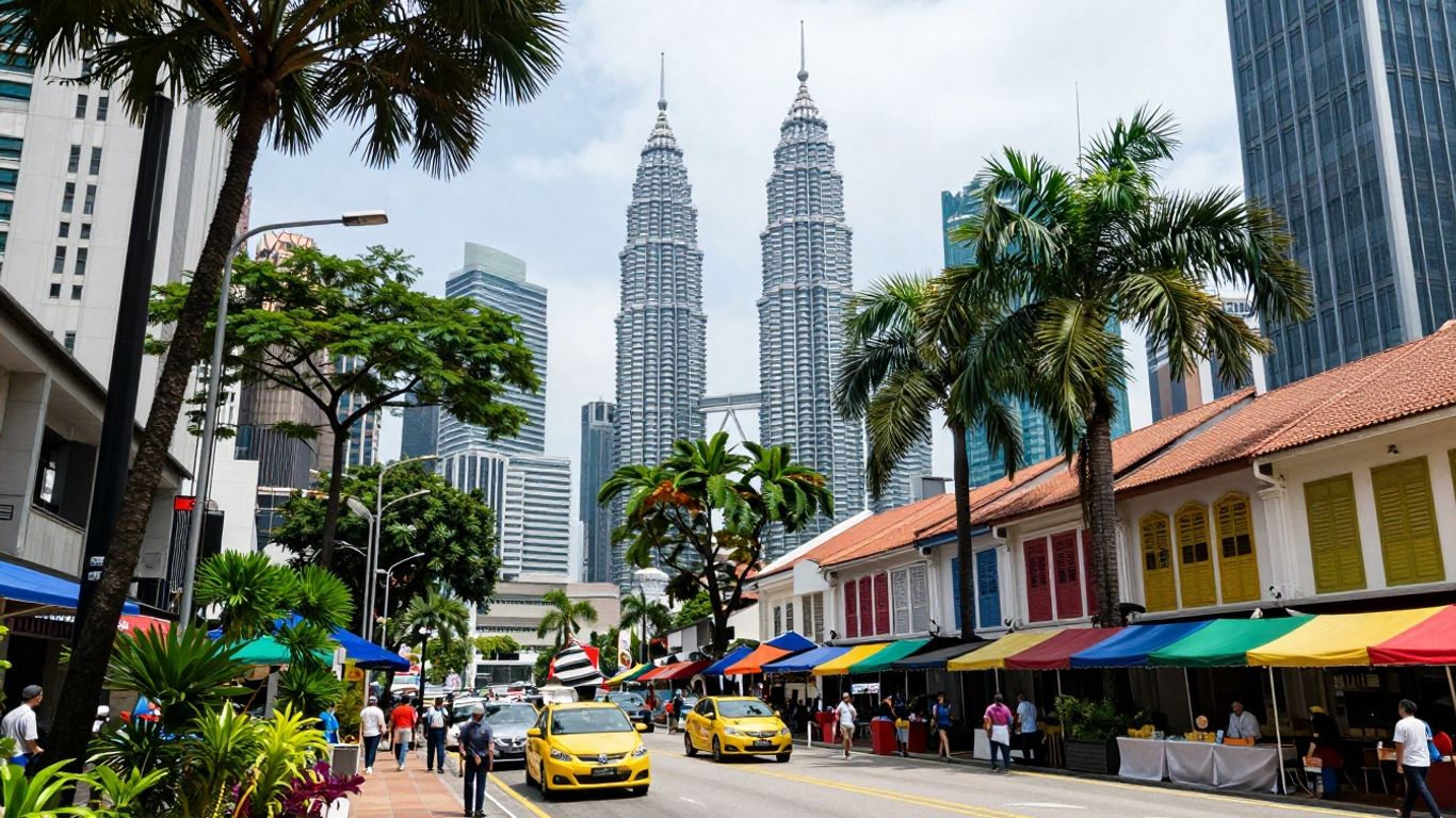 Kuala Lumpur cityscape with skyscrapers and greenery.