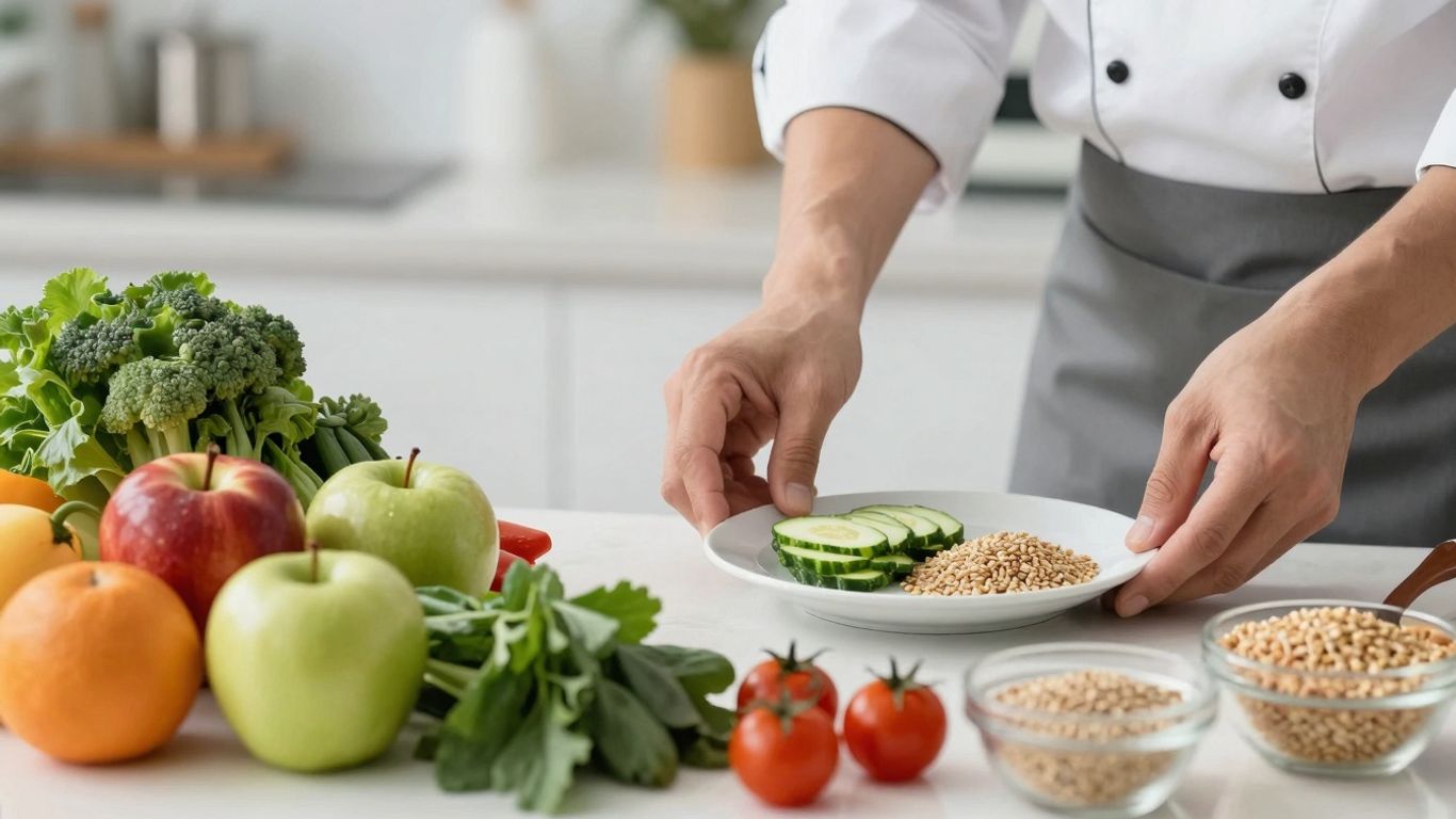 Food allergens chart with ingredients and chef preparing food.