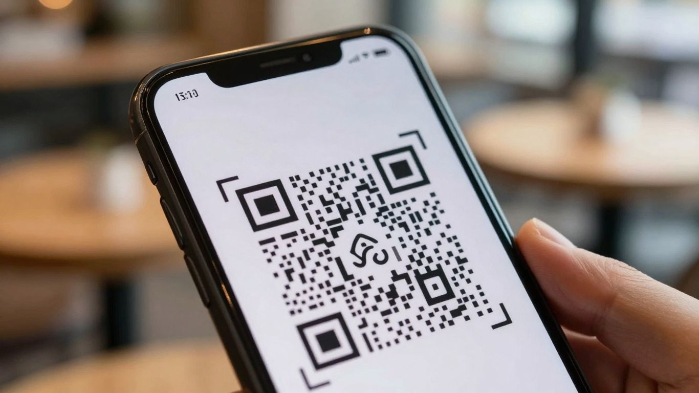 Smartphone scanning a QR code, troubleshooting connection issues.
