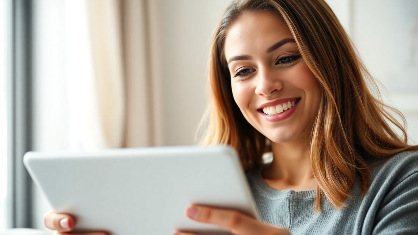 Client happily viewing positive online reviews on a tablet.