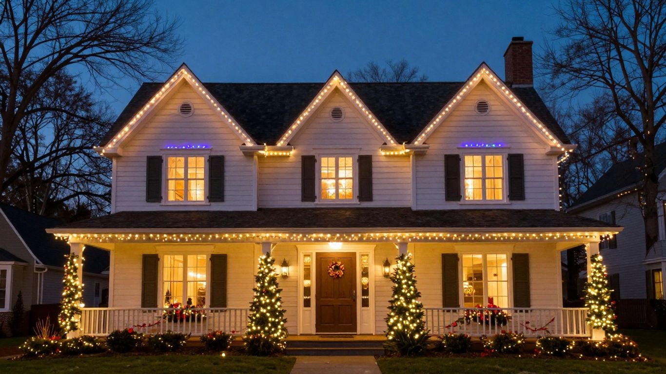 Professionally installed Christmas lights on a house exterior.