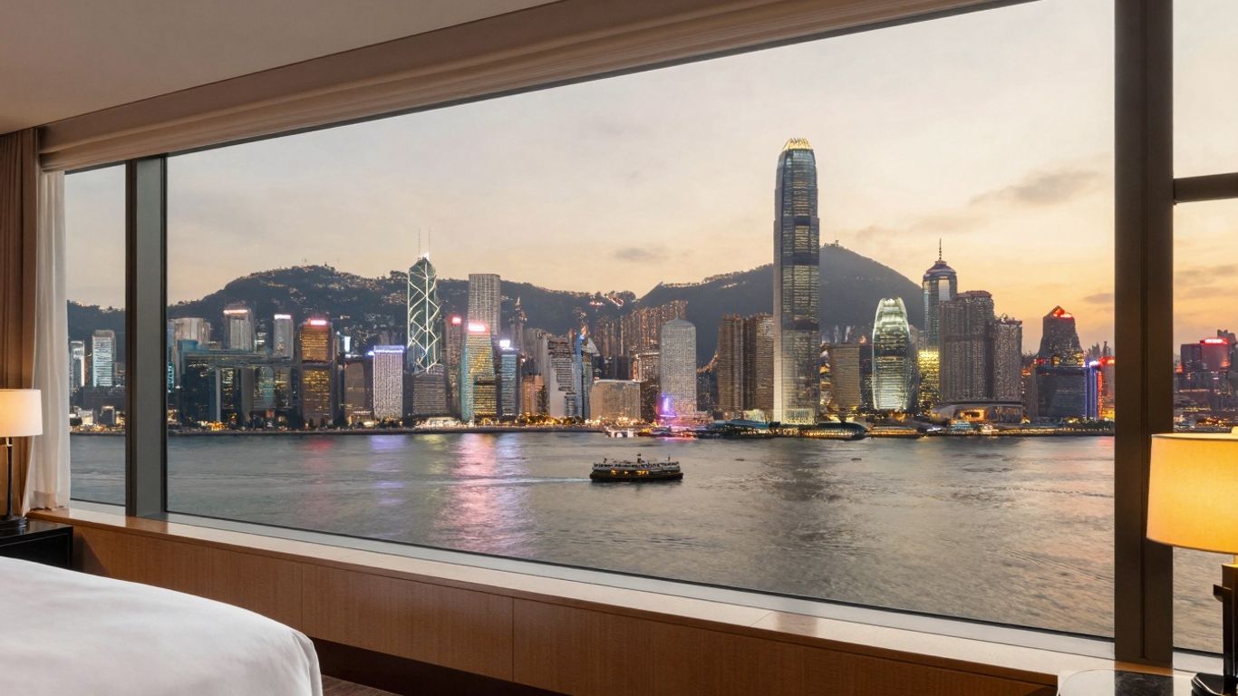 Panoramic view of Hong Kong skyline from a hotel room.