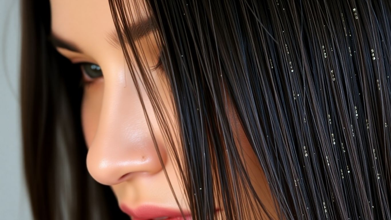 Woman's dark hair with subtle metallic threads.