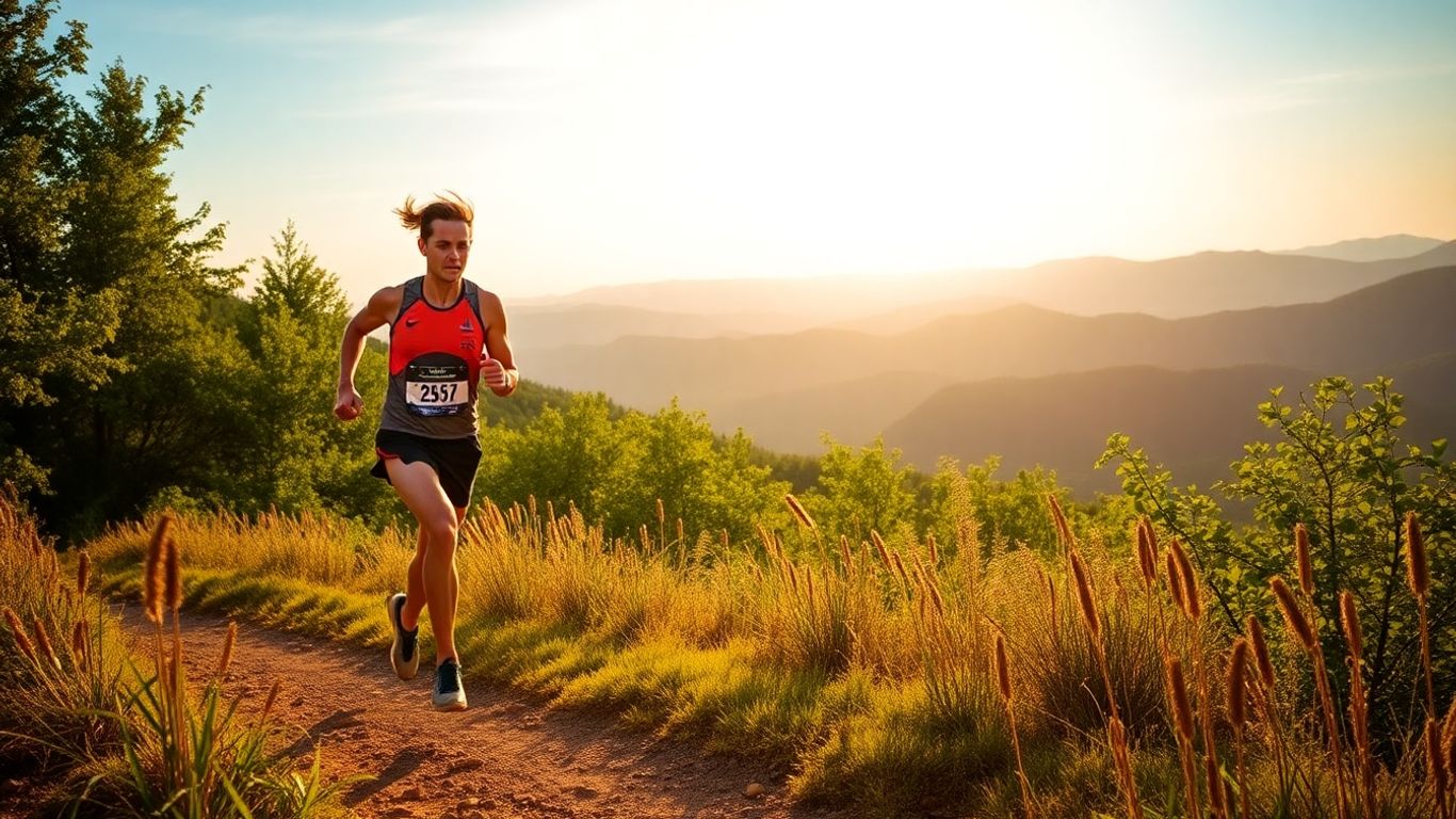 Runner in motion during a race on a scenic trail.