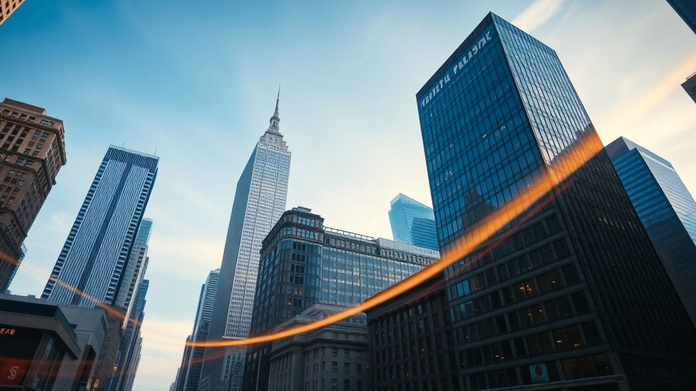 US Forex market with skyscrapers and currency exchange hints.