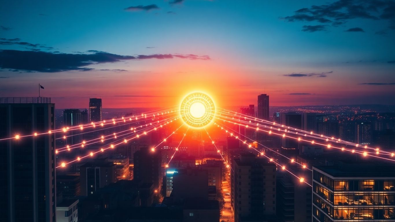 Urban microgrid powering a city skyline at night.