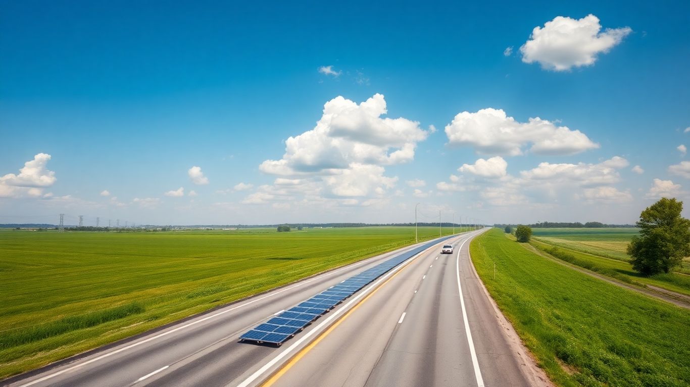 Route solaire moderne avec panneaux intégrés sous un ciel bleu.