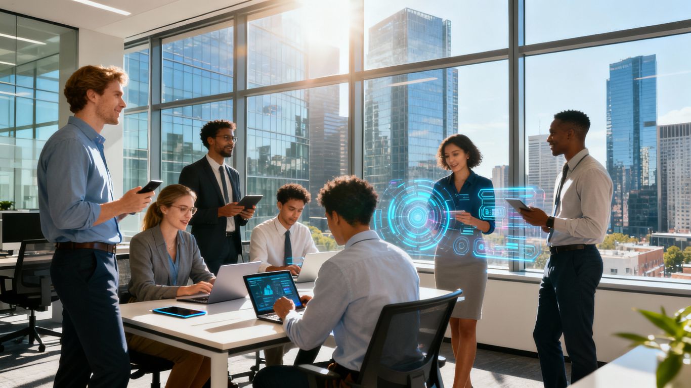 Business professionals in modern office discussing technology innovations