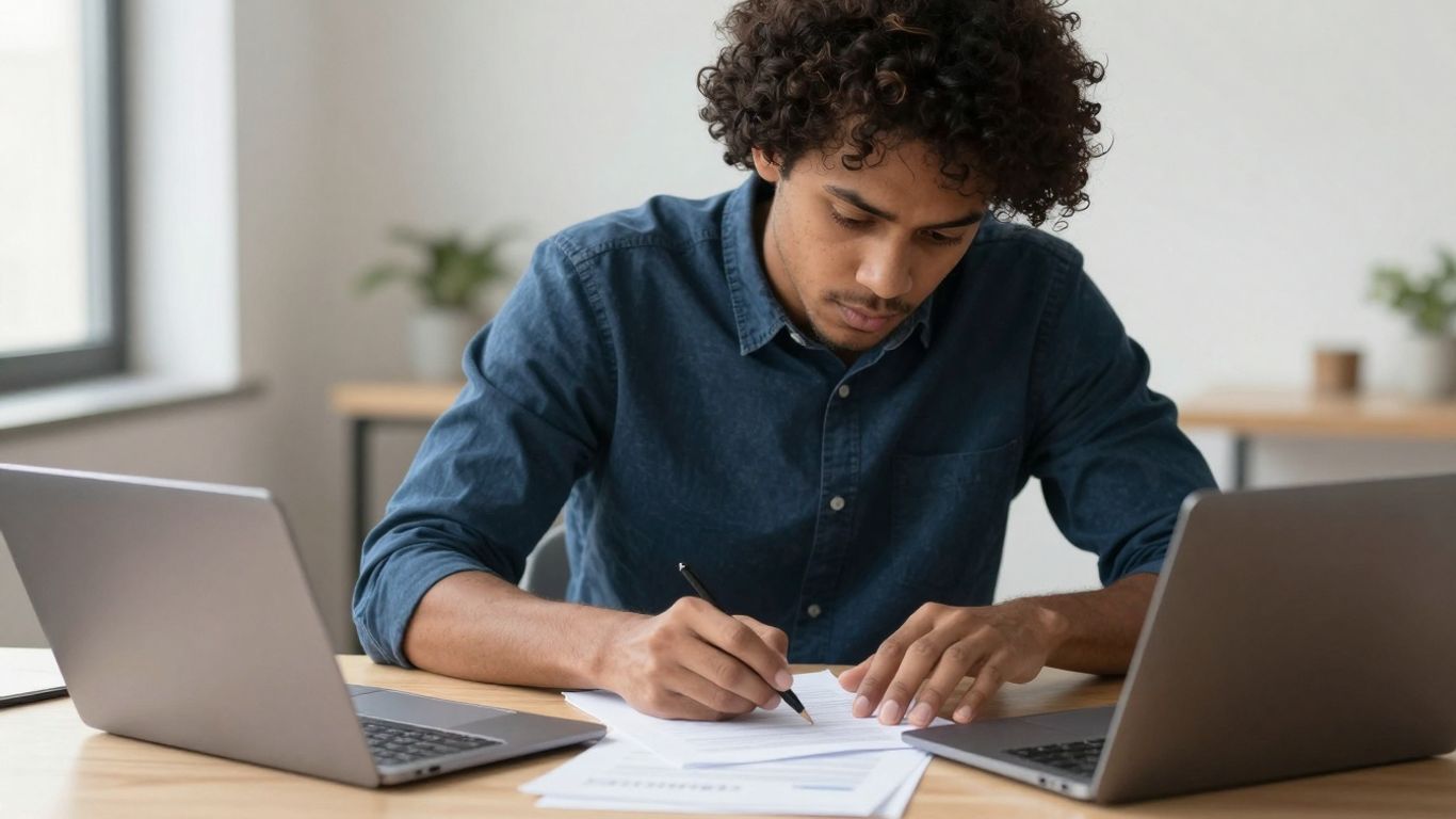 Person working at a desk, starting a sole proprietorship.