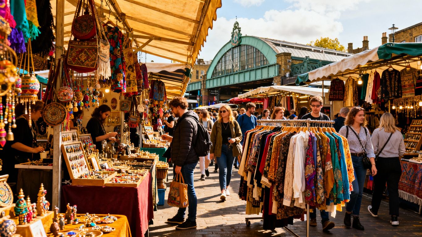 Camden Market on a Sunday with shoppers and stalls.