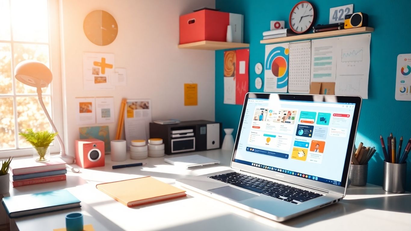 Organized marketing workspace with digital tools and creative assets.